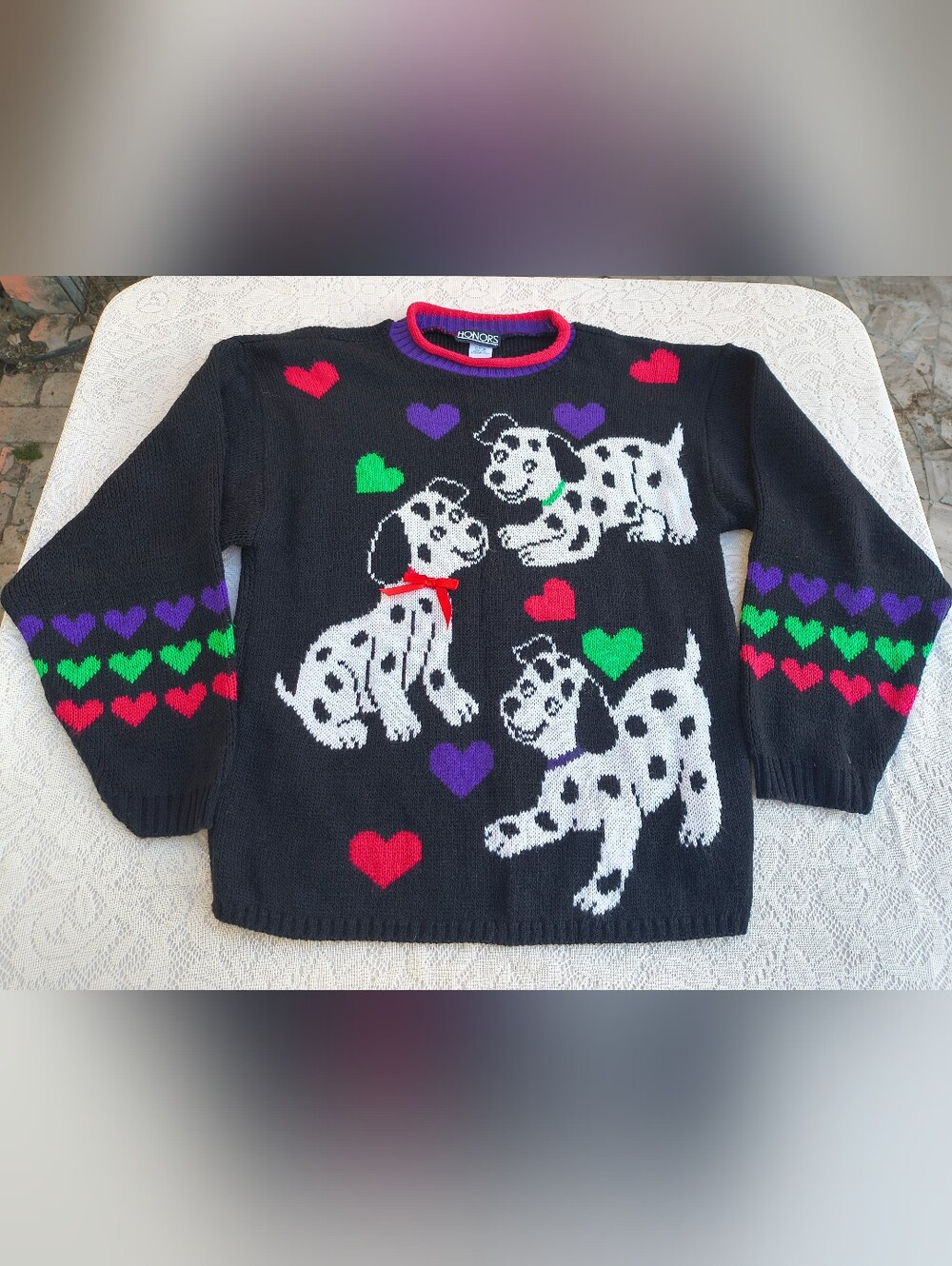 Vintage Honors Multi Color Dalmatian Hearts Sweater